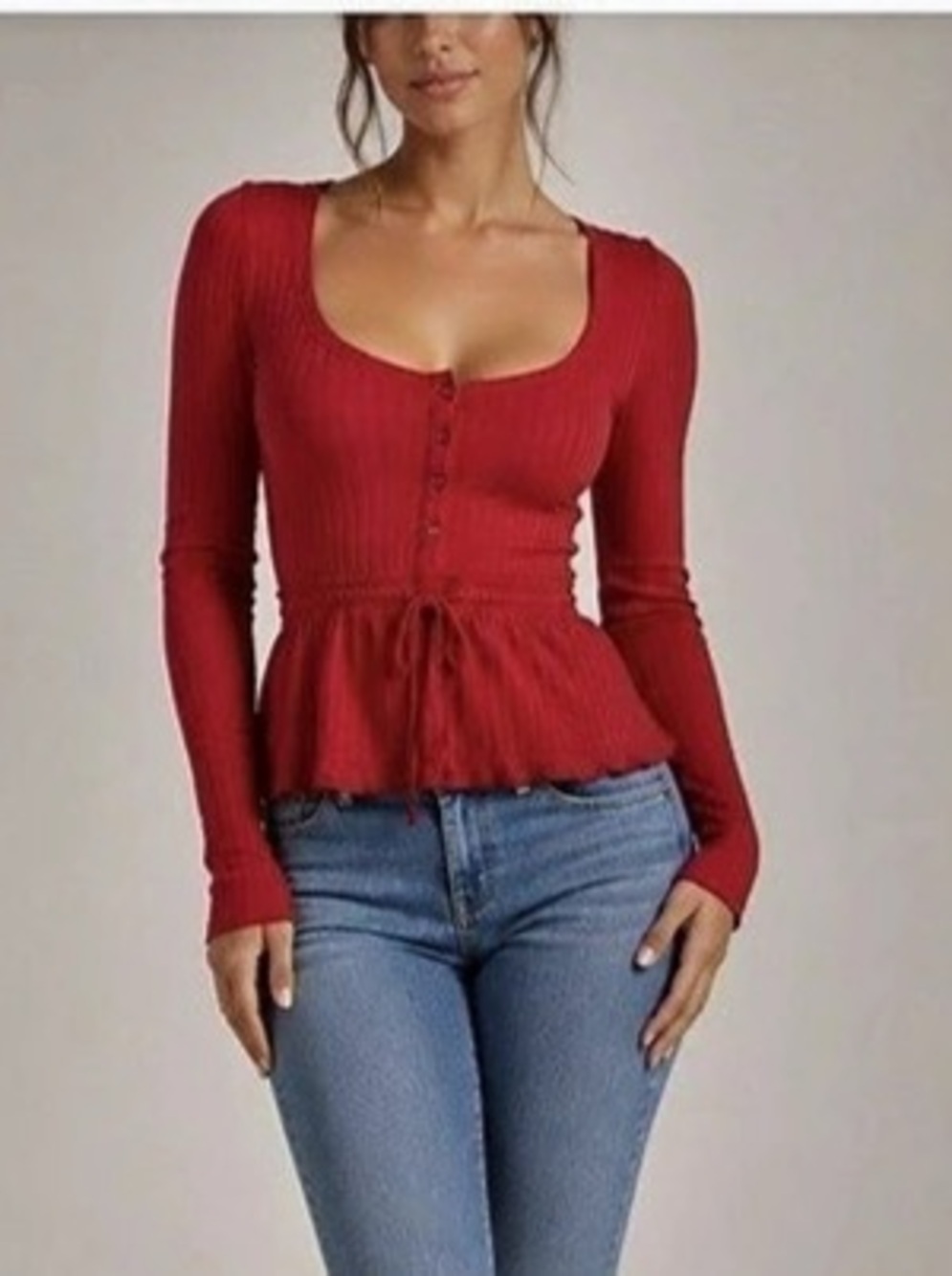 Pilcro Long-Sleeve Scoop-Neck Babydoll Top Red Size Medium